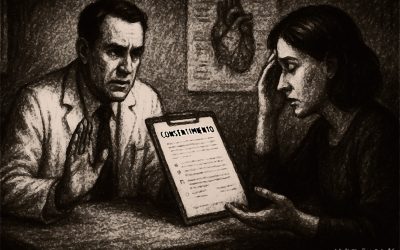 Ilustración en blanco y negro de un médico mostrando un documento de consentimiento a una paciente preocupada