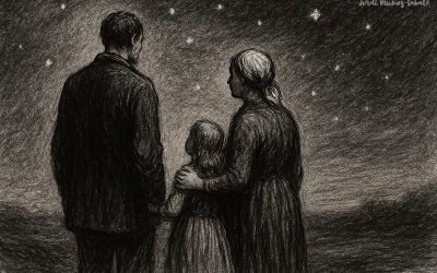 Ilustración artística de una familia de espaldas bajo un cielo nocturno, relacionada con un artículo sobre negligencia médica en cesárea