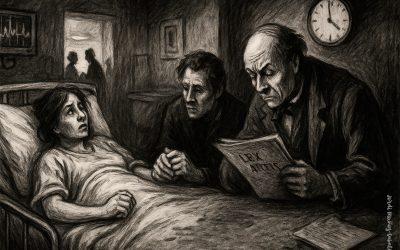 Ilustración en blanco y negro, estilo Daumier: madre con su recién nacido, un obstetra revisa el monitor fetal y un reloj en la pared; metáfora de la rotura prematura de membranas y la posible negligencia médica.