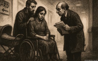 Escena en blanco y negro, estilo litográfico de Daumier (Gens de la Justice), 16:9: madre y abogado revisan historia clínica y hoja de epidural tras el parto; luz lateral y tono sobrio.