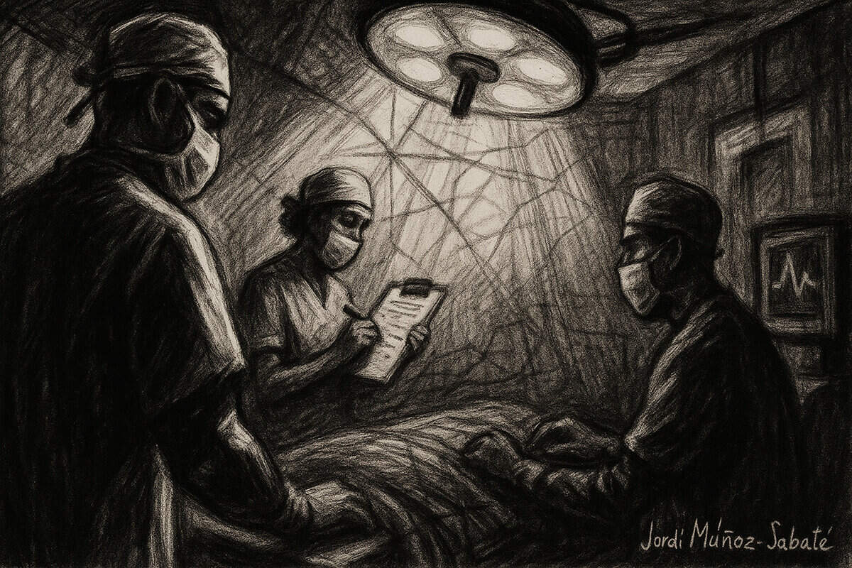 Equipo quirúrgico (cirujano, anestesista y enfermería) coordinándose en quirófano — responsabilidad civil en la medicina en equipo — Jordi Muñoz-Sabat