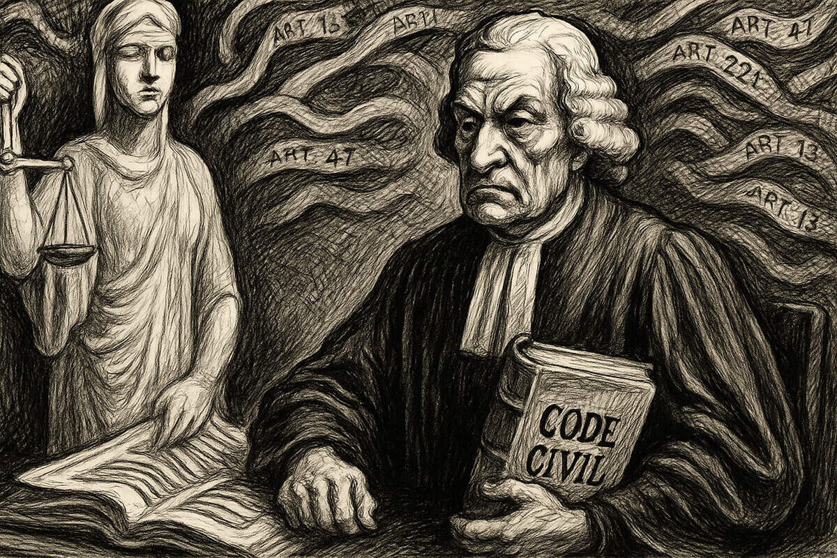 Giro hermenéutico en la pensión de viudedad de las parejas no casadas Ilustración en blanco y negro, estilo Daumier, con un juez serio aferrado al Código Civil junto a una alegoría de la Justicia con balanza, rodeados de artículos de la ley que flotan, simbolizando la tensión entre literalidad e interpretación judicial.