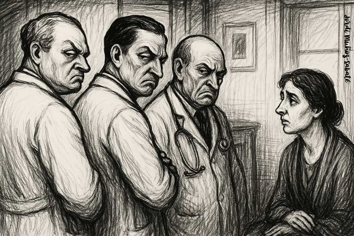 Integración de la perspectiva de género en la responsabilidad sanitaria Ilustración en blanco y negro, estilo Daumier, con tres médicos de bata blanca dando la espalda a una paciente mientras la miran con desdén, simbolizando los sesgos de género en la atención médica y la necesidad de integrar la perspectiva de género en la responsabilidad sanitaria.