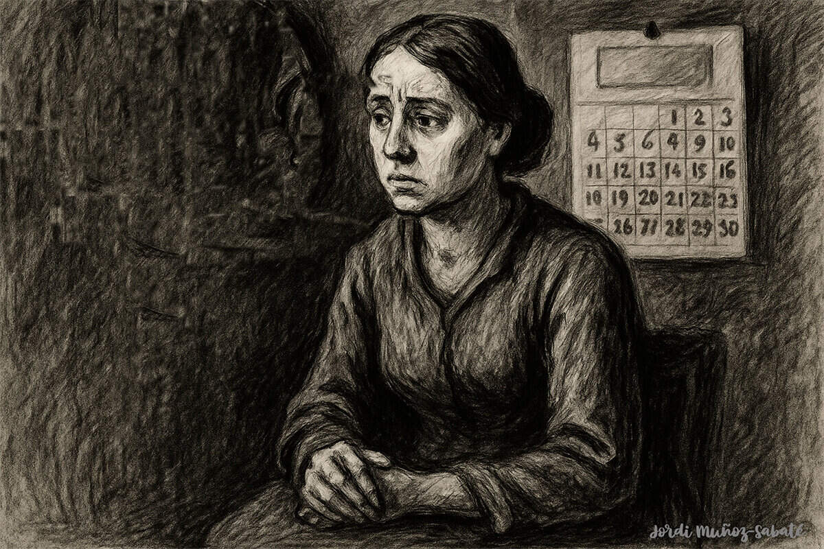 La impugnación de la modificación sustancial como causa de interrupción de la prescripción salarial Ilustración en blanco y negro de una trabajadora preocupada sentada junto a una pared con un calendario, simbolizando el paso del tiempo en un procedimiento judicial sobre diferencias salariales y prescripción.