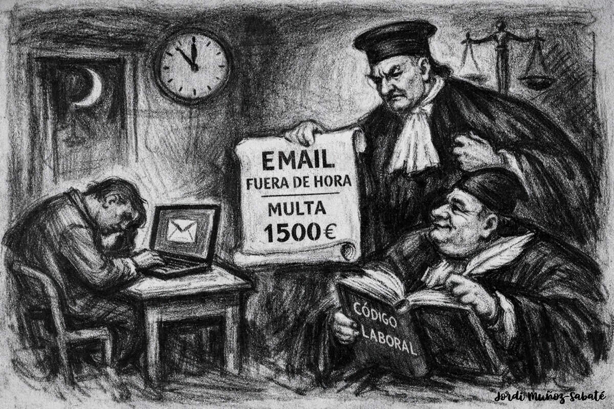 Un email fuera de hora y 1.501 € de sanción Trabajador solo y abatido en una sala de reuniones vacía, apoyando la cabeza en la mano, con un calendario lleno de días tachados al fondo y una mochila infantil con peluche junto a la silla, reflejando la falta de negociación sobre su adaptación de jornada.