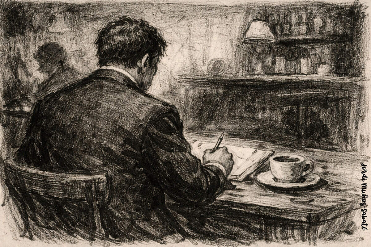 Costas judiciales cuando ganar un pleito también te sale caro Hombre de espaldas, con traje, escribiendo en una mesa de café con una taza delante, ilustración en blanco y negro estilo clásico.